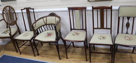 Two Edwardian inlaid mahogany elbow chairs and 4 others